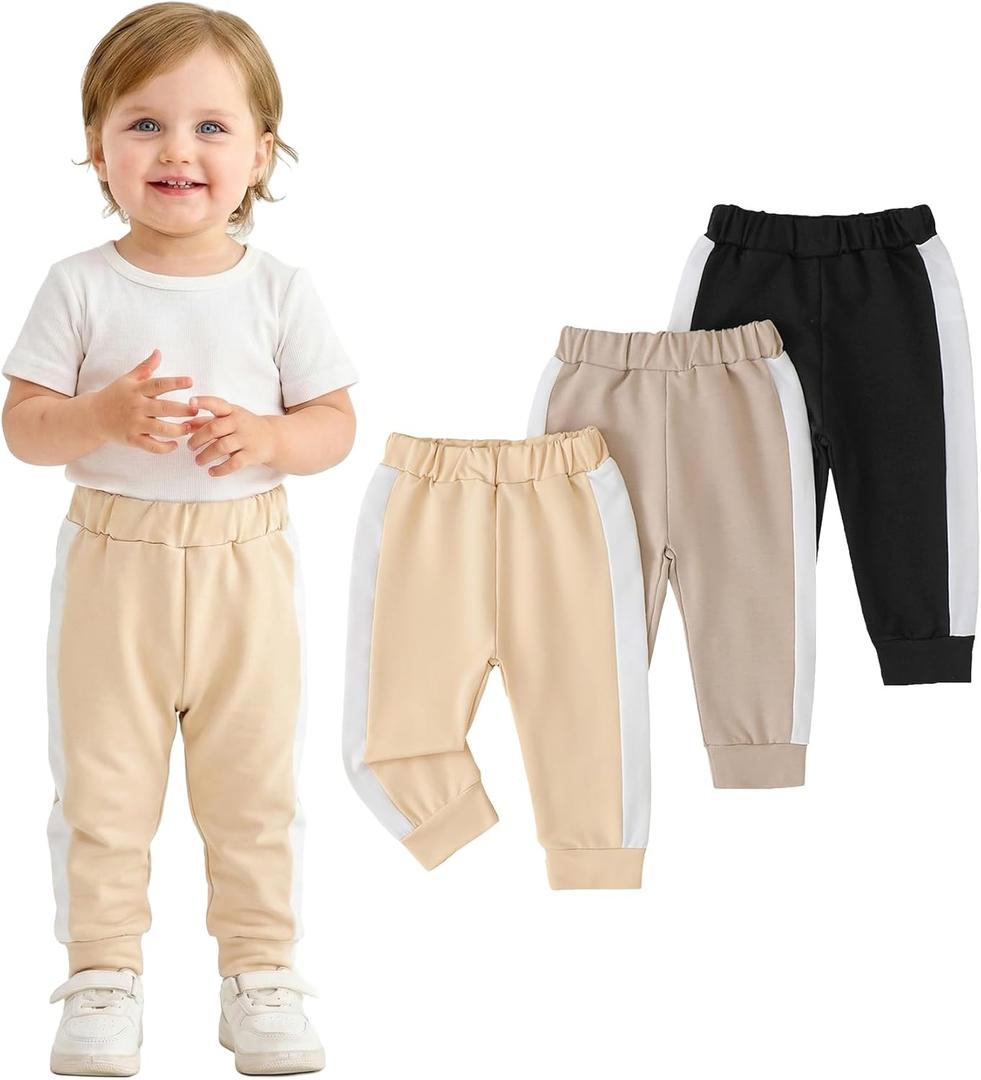 Baby Girl Pants 3 6 9 12 18 24 Months Baby Pants 2T 3T 3 Pack Toddler Leggings Sweatpants Infant Girl Leggings (Black Brown Khaki)