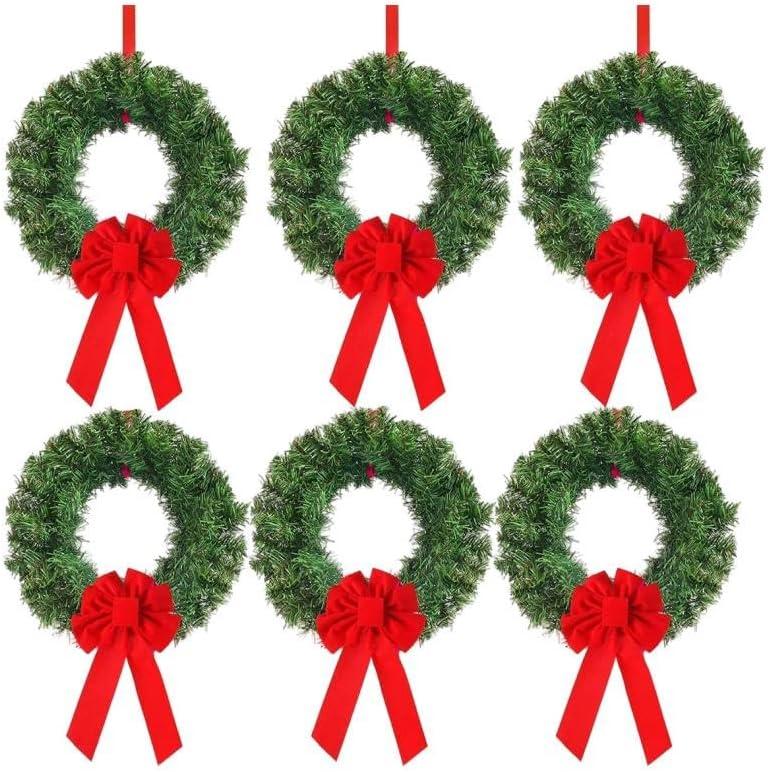 6 Pcs Christmas Wreath for Windows 10 Inch Christmas Window Decorations Cabinet Wreaths with Red Bow Greenery Artificial Hanging Garlands for Fireplaces Window Home