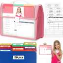School Years Organizer Kit Clear Plastic Storage Tote with 20 Letter Size Colored Manila Folders 60 Reusable Sticker Labels School Memory Keepsake Box for Pre K to 12th Grade DIY Organization (Pink)