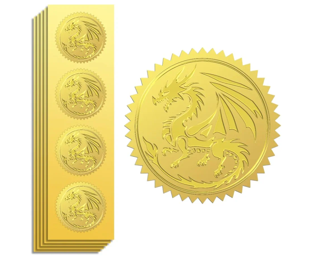Peacoblue Gold Foil Sticker Seal Embossed 2 Inch 100Pcs Dragon, Self Adhesive Golden Around Embossing Decals for Invitation Certificate Envelope Seal Gift Card Decoration
