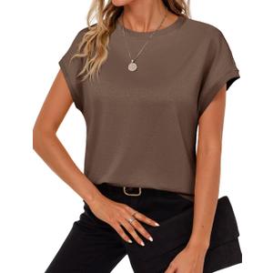 Cicy Bell Womens Summer Cap Sleeve T-Shirts Casual Loose Fit Tunic Tops Crew Neck Tee Shirts (Large, Brown)