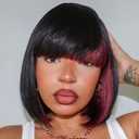 ToyoTress Peek-a-boo Color Bob Wig With Bangs - 8 Inch Black Mix Burgundy Wine Red Blunt Cut Bob Wigs For Black Women, Short Straight Light Yaki Synthetic Daily Costume Cosplay Wigs (8 Inch, SH/Burg)