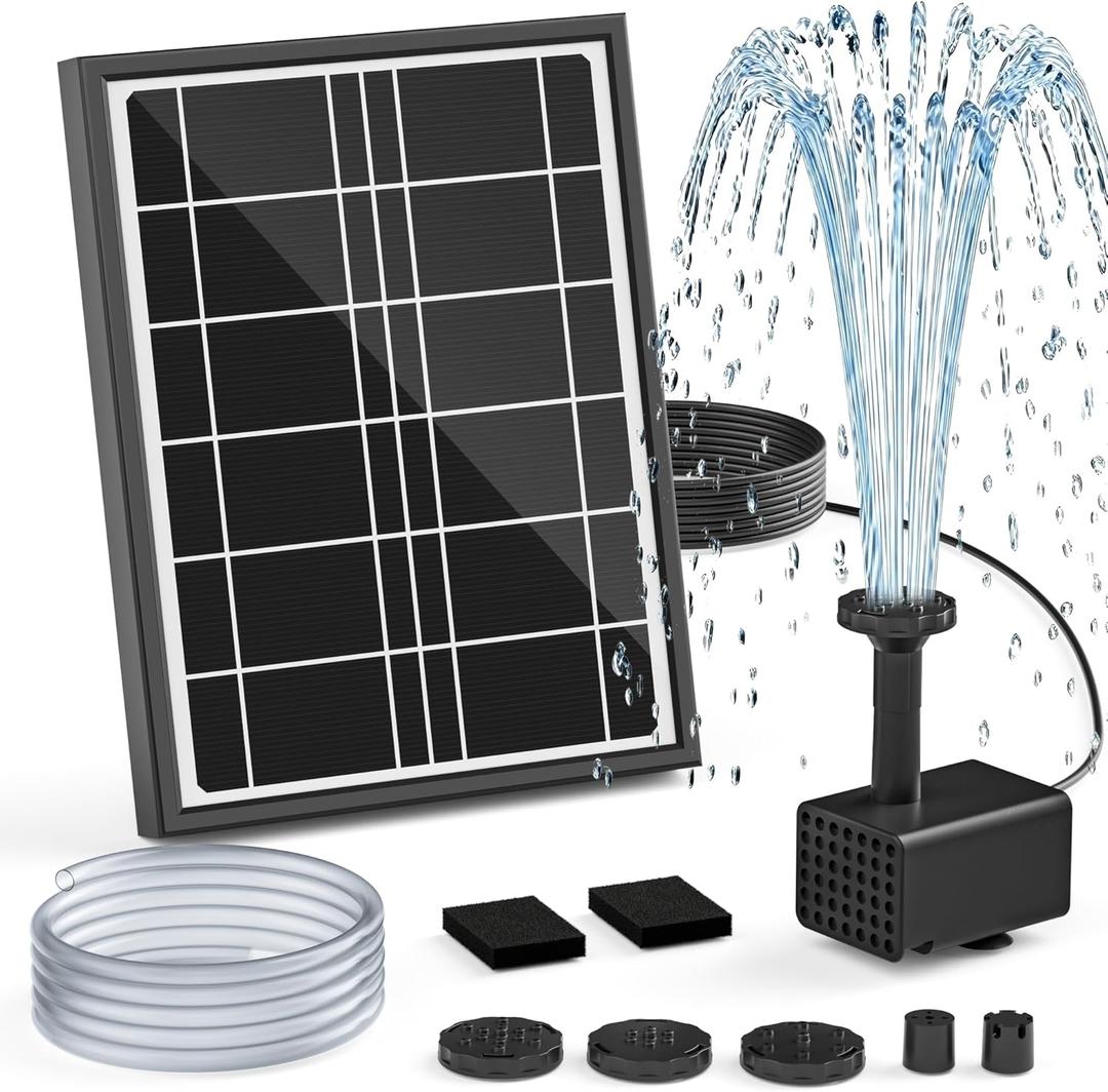 Solar Fountain Pump for Bird Bath, 4W Solar Water Fountain with 5 Spray Modes & 4ft Hose, 9.8ft Power Cord, Dry-Run Protection & Low Noise for Garden Small Pond Fish Tank DIY Water Feature