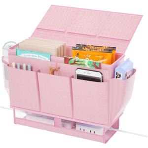 Bedside Caddy Bedside Organizer,Bed Caddy with 11 Pockets and Power Strip Holder,Versatile Bedside Storage Caddy for Home,Dorm,Bunk,Hospital,Crib Bed (Pink)