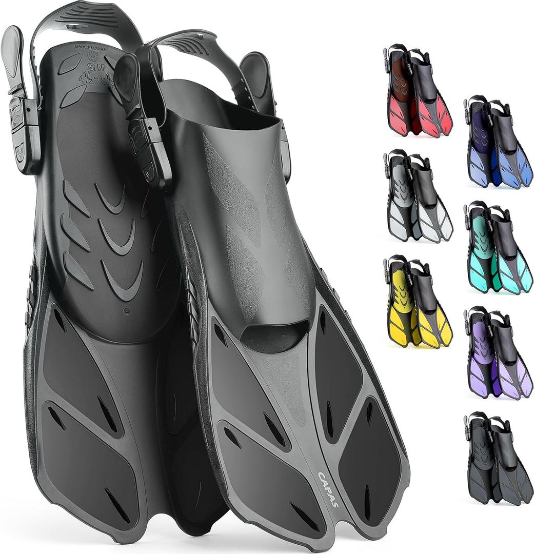 CAPAS Snorkel Fins, Swim Fins Travel Size Short Adjustable for Snorkeling Diving Adult Men Women Kids Open Heel Swimming Flippers (L/XL (US Men 9-13 / Women 10-14), Black)
