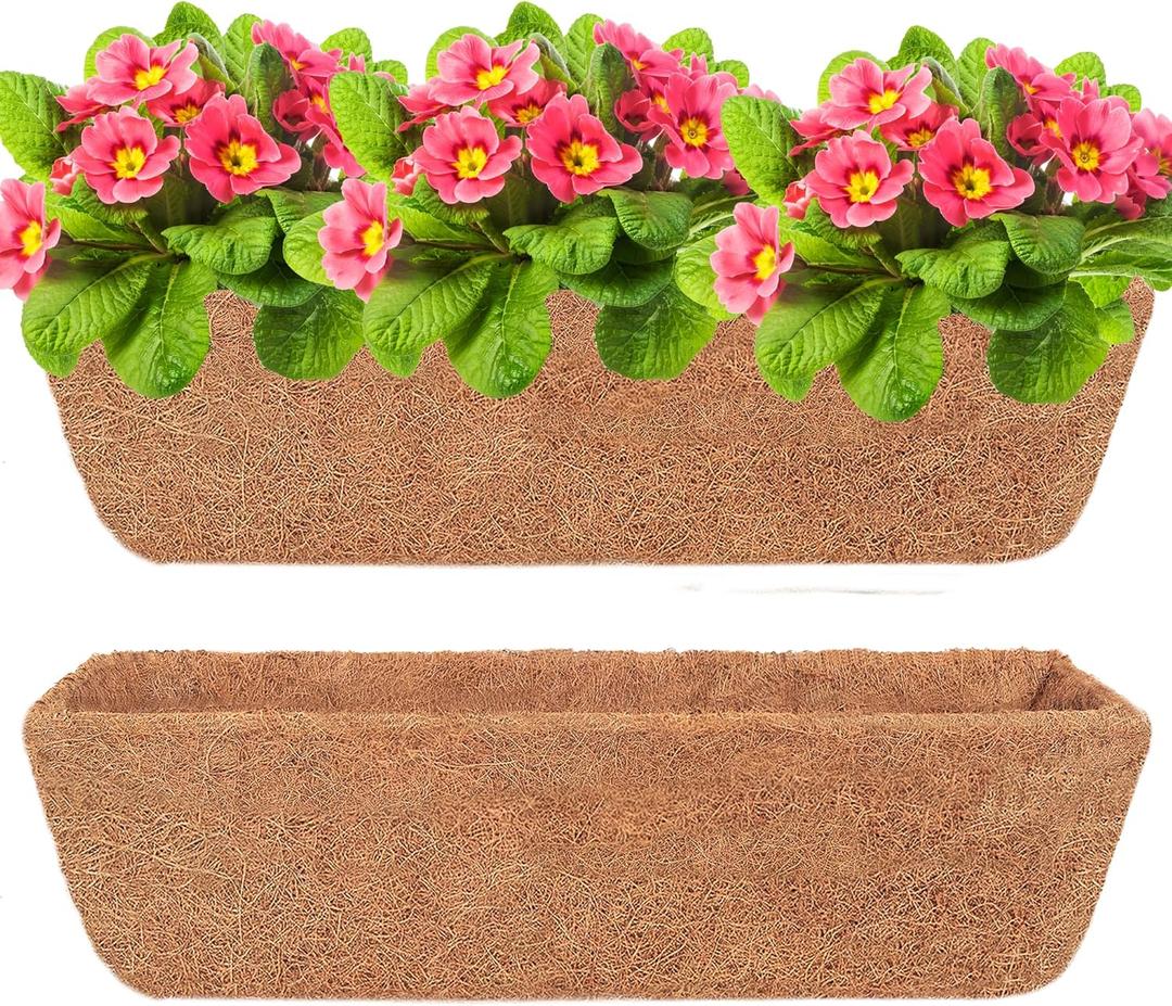 Y&M 2Pcs 24" Trough Coco Fiber Replacement Liner, Pre-Formed Window Deck Coco Liner, Natural Coconut Planter for Wall Hanging Basket, Window Box, Fence, Railing