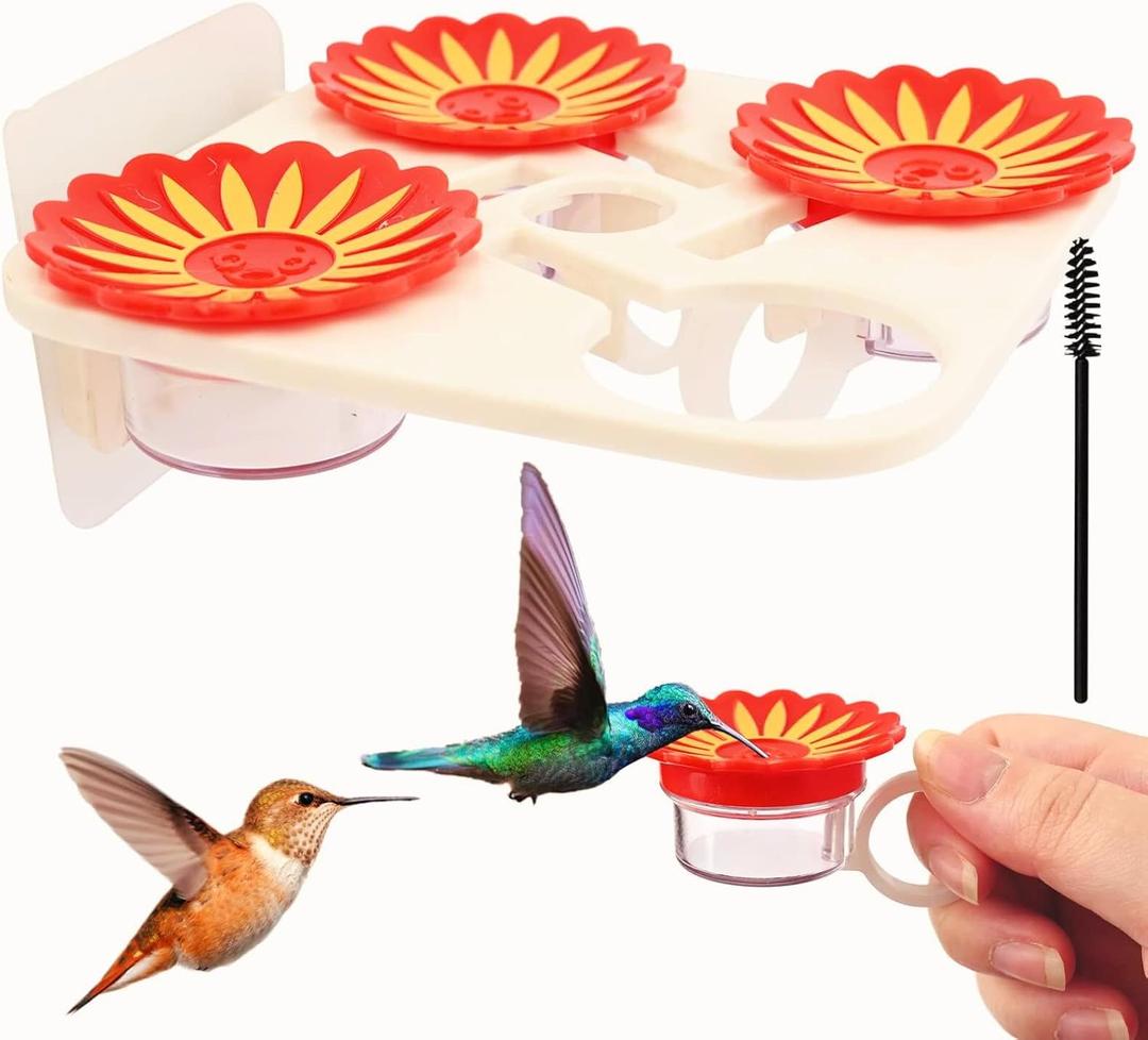 Hand Held Hummingbird Feeder Set - Window Wild Bird Feeder with Suction Cups, 4 Hummingbird Ring Feeder and Feeding Ports with Brush, Window Mount Feeder Hanging for Handheld/Outdoor/Garden/Yard