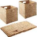 10.5x10.5'' Set of 3 Cube Storage Baskets, Natural Water Hyacinth Multipurpose Collapsible Organizers, Woven Laundry Totes for Laundry, Storage Cubes,Wicker Baskets Laundry Organizer Totes for Home