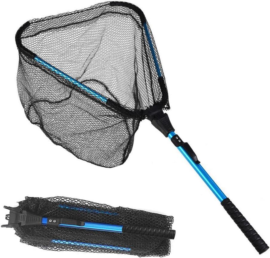 LBW Collapsible Rubber Fishing Net with Handle, Folding Kayak Net for Freshwater or Saltwater, Portable Landing Net for Trout, Catfish, Bass (Fixed Pole Blue)