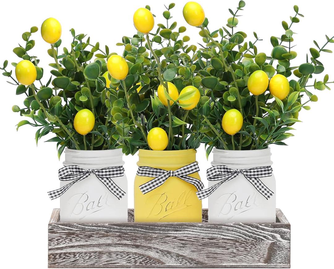 Summer Lemon Mason Jars Centerpiece for Table, Wood Tray with 3 Painted Jars, Dining Coffee Table Centerpiece For Kitchen, Living Room, Spring & Summer Home Decor with Lemon