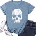 Skull Shirts for Women Gothic Skeleton Print Vintage Graphic Casual Cotton Tops Funny Workout Athletic Shirts (Medium, Ink Blue)