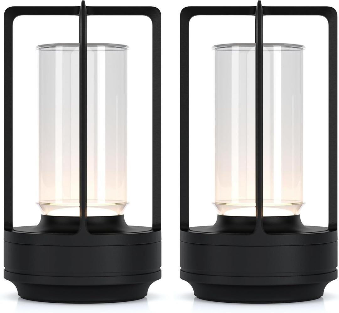 Portable Metal Table Lamp for Indoor/Outdoor ,Rechargeable Cordless LED Lamp, 3-Colour Infinitely Dimming Battery Powered Small Desk Lamp, Restaurant/Bedroom/Bar/Coffee/Camping Light (Black Set of 2)