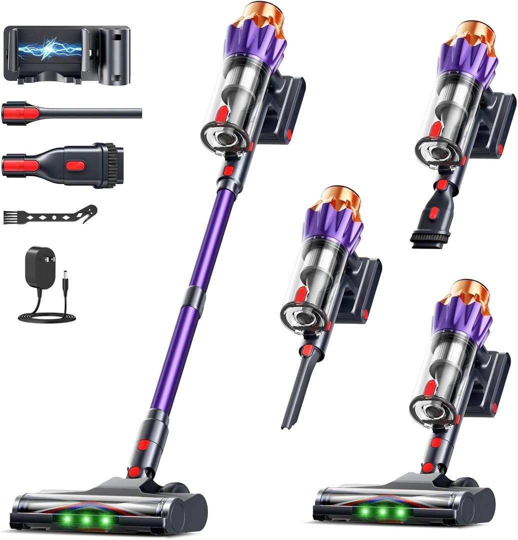 Cordless Vacuum Cleaner for Home, 600W/50KPa Powerful Suction, 60Mins Self-Standing Stick Vacuum with Anti-Tangle Brush & LED Display, Lightweight Handheld Vacuum for Pet Hair, Carpets & Hard Floors