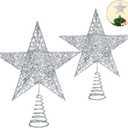 Blulu 2 Pieces Metal Glittered Christmas Tree Topper Star Treetop Hollow Wire Star Topper for Christmas Tree Ornament, 2 Sizes (Silver)