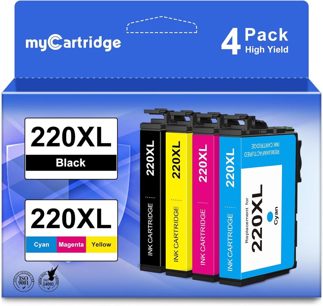myCartridge 220 220XL Remanufactured Replacement for Epson 220 220XL Ink Cartridges T220 T220XL Work with WF-2630 WF-2650 WF-2750 WF-2760 XP-320 XP-420 (Black Cyan Magenta Yellow) 4-Pack 220XL Ink