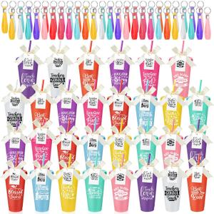SiliFine 30 Sets Thank You Teachers Appreciation Gifts Bulk, 24 oz Plastic Tumblers with Lids and Straws Reusable Coffee Cups with Silicone Keychains, Bow-knots and Cards(Classic)