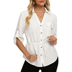 GRACE KARIN Womens Button Down Shirts, 3/4 Sleeve Dressy Casual Outifts, V Neck Peplum Tops with Pockets, Ivory L