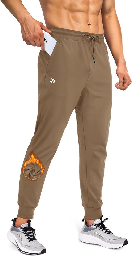 Mens Fleece Lined Joggers with Zipper Pockets, Water Resistant Winter Sweatpants for Hiking, Running, Gym (Brown, M)