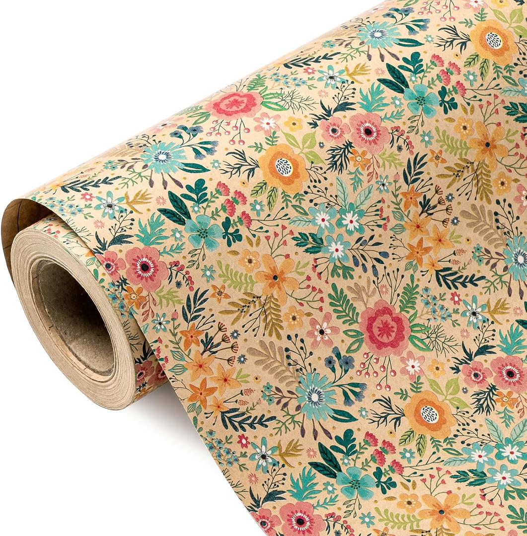 WRAPAHOLIC 30 Inch Kraft Floral Wrapping Paper Roll - 30 Inch x 33 Feet - Spring Summer Garden Flower Design Perfect for Wedding, Bridal Shower, Birthday