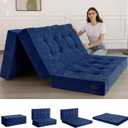 MAXYOYO Tri-Fold Mattress, 6 Inch Tufted Folding Mattress with Chenille Fabric, Portable Full Size Floor Guest Mat for Adults, Foldable Topper for Camping, Navy, 53"x75"
