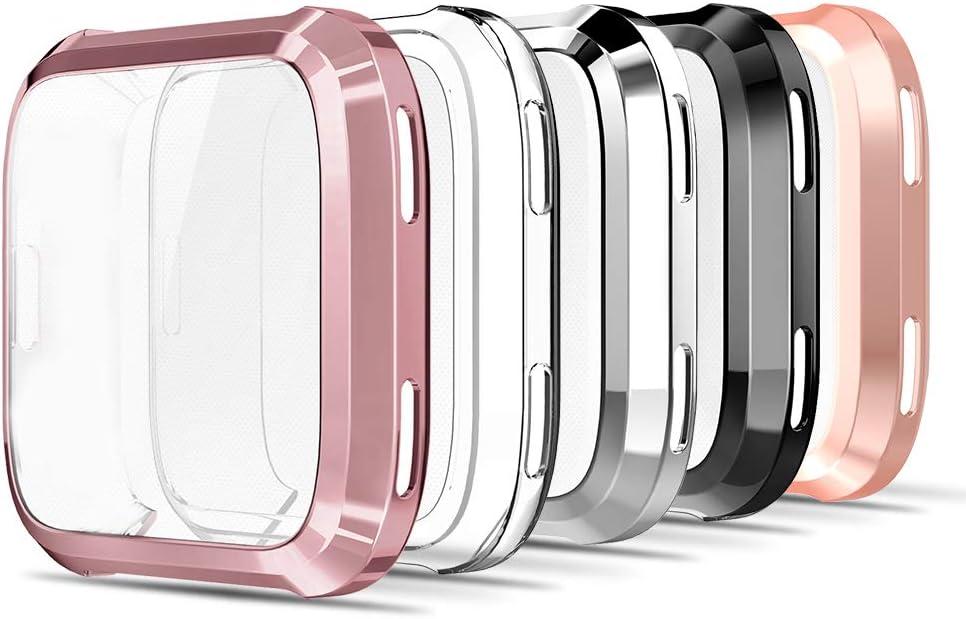 Simpeak 5Pack Soft Screen Protector Bumper Case Compatible with Fitbit Versa Smartwatch, Full Protection, Rose Pink/Clear/Silver/Black/Rose Gold