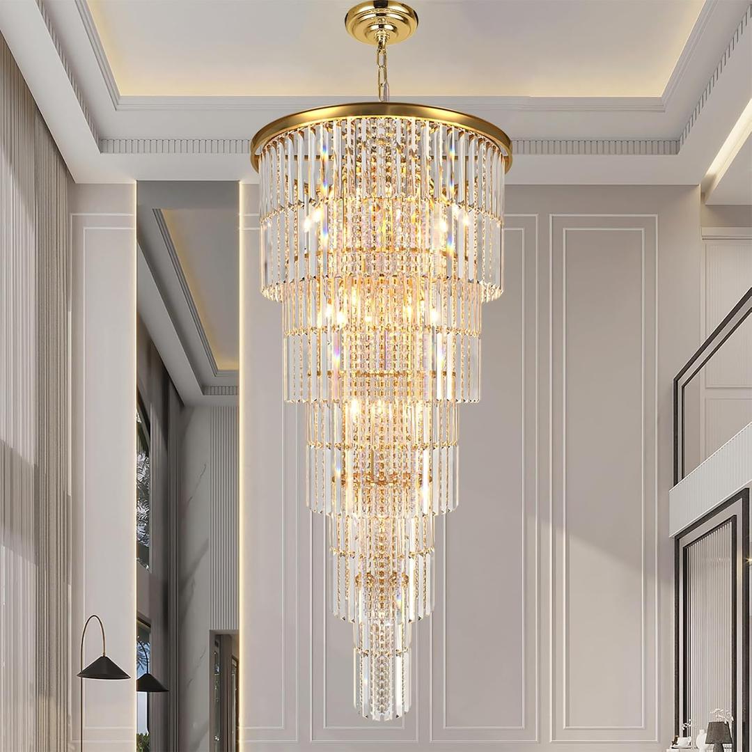 37 Lights Gold Finish Large Staircase Crystal Chandelier for High Ceiling Foyer Entryway Staircase Living Room Dining Room (Dia 28'' Height 78.7 inch)