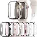 6-Pack Case Compatible with Apple Watch Series 9 8 7 41mm with Tempered Glass Screen Protector, QCKANLJ Ultra-Thin Hard PC Full Protective Face Cover Bumper for iWatch 41mm (Black/Transparent/Pink/White/Starlight/Rose Gold)