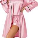 Vrtige Women's Satin Pajamas Set 3 Piece Cami Top and Shorts with Robe Sleepwear Set (Pink, XXL)