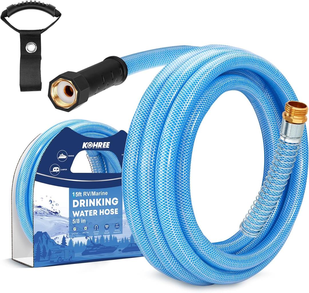 Kohree 15FT Upgraded RV Water Hose, 5/8" Premium Drinking Water Hose for Camper, Leak Free, No Kink, Short Flexible Garden Hose 15 ft with Strap, Reinforced PVC Design w/Strain Relief Ends - Blue Kohree 15FT Upgraded RV Water Hose, 5/8" Premium Drinking Water Hose for Camper, Leak Free, No Kink, Short Flexible Garden Hose 15 ft with Strap, Reinforced PVC Design w/Strain Relief Ends - Blue