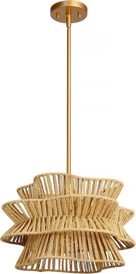 Woven Pendant Lights 16" Boho Wicker Chandelier, Country Cottage Hanging Lamp with Handmade Rattan Lampshade for Kitchen Island Farmhouse Dining Room Bedroom Foyer Hallway (Gold)