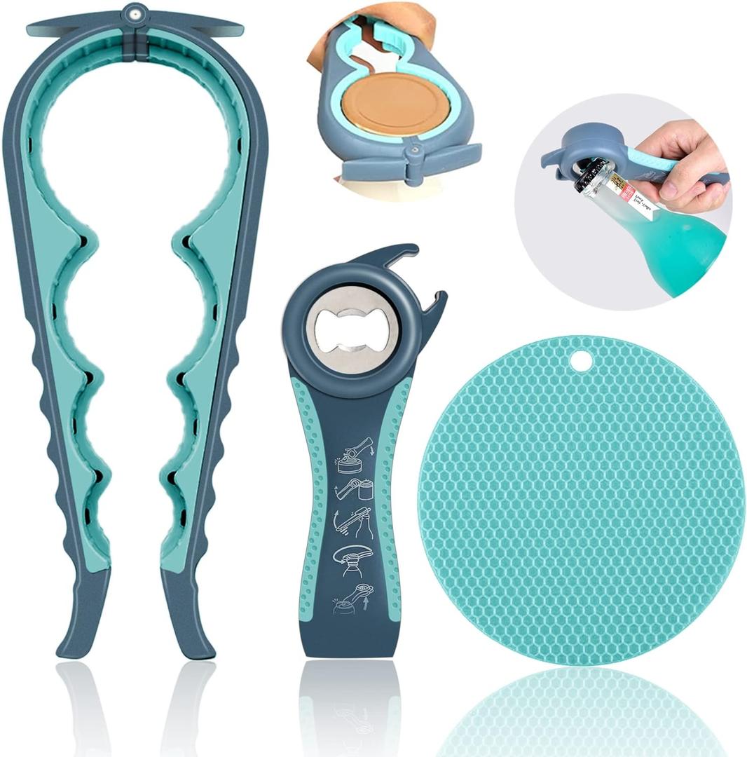 Jar Opener for Weak Hands, Seniors with Arthritis, 5 in 1 Multi Function Bottle Opener Lid Opener For Arthritic Hands with Non Slip Rubber Jar opener Gripper Pad(blue) (3-piece set)