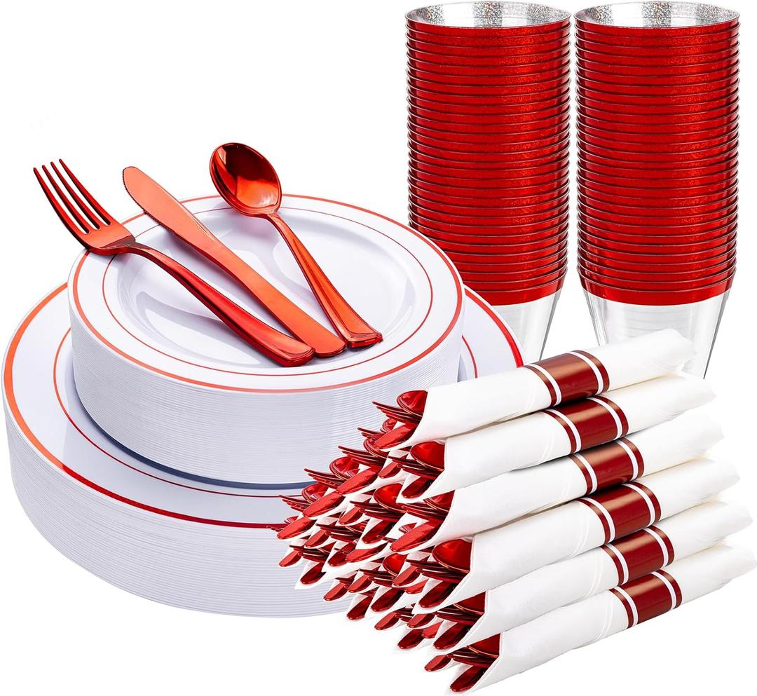 WELLIFE 210 Piece Red Plastic Dinnerware Set, Disposable Plates for Party,Include: 30 Dinner Plates, 30 Dessert Plates, 30 Pre Rolled Napkins with Gold Silverware and 30 Gold Cups Red