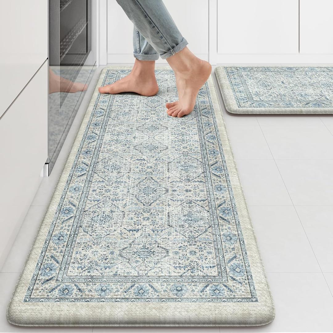 KIMODE Anti Fatigue Kitchen Mats for Floor, Boho Vintage Kitchen Rugs Sets of 2, Cushioned Kitchen Floor Mats Non Slip, Comfort Rugs for Kitchen Floor, Sink, Laundry, Desk Blue 17"x47"+17"x29"