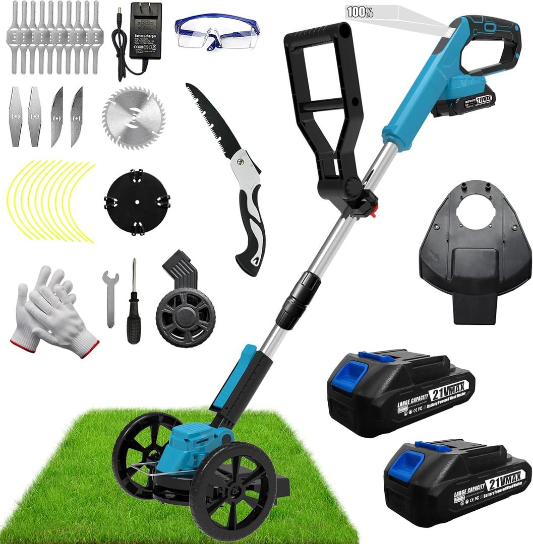 Electric Weed Wacker Cordless Eater Lightweight Edger Battery Powered Grass Trimmer/Lawn Edger/Mower/Brush Cutter, with 5 Types Blades and 2 Types Wheels for Yard and Garden Weeder Tool-Blue