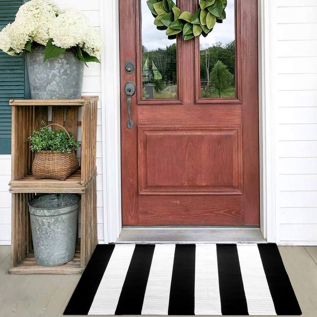 KOZYFLY Black and White Striped Rug Doormat 23.5' x 35.4' Cotton Woven Washable Black Indoor Outdoor Rugs for Layered Door Mats Porch/Kitchen/Farmhouse KOZYFLY Black and White Striped Rug Doormat 23.5' x 35.4' Cotton Woven Washable Black Indoor Outdoor Rugs for Layered Door Mats Porch/Kitchen/Farmhouse