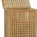 Solid Teak Wood Laundry Hamper 50 x 35 x 60 cm Square Laundry Basket with Lid Modern Grid Design Save Space in Bathroom or Bedroom
