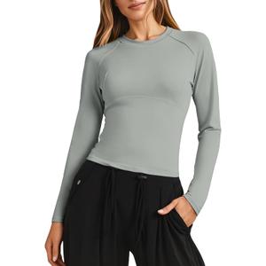 Fisoew Womens Long Sleeve Workout Tops Athletic Shirts Crew Neck Compression Yoga Active T Shirt