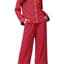 MYHALF Christmas Pajamas for Women Long Sleeve Pajama with Pockets Button Down Pjs Sets V Neck Fall Pj Lounge Set Red Black, Size L