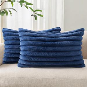 Faux Fur Plush Lumbar Throw Pillow Covers 12x20 Set of 2, Luxury Soft Fluffy Striped Decorative Pillow Covers for Sofa, Couch, Living Room, Navy Blue
