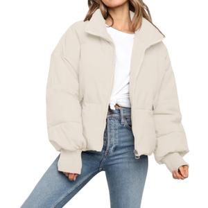 Womens Winter Cropped Puffer Jacket Coat Casual Quilted Baggy Long Sleeve Zip Down Jackets Outerwear (Beige, S)