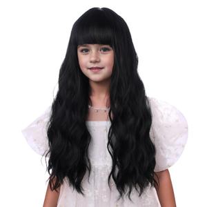 Kids Black Wig Child Long Black Wig with Bangs Girls Wavy Curly Wigs Synthetic Hair Wigs Include Cap