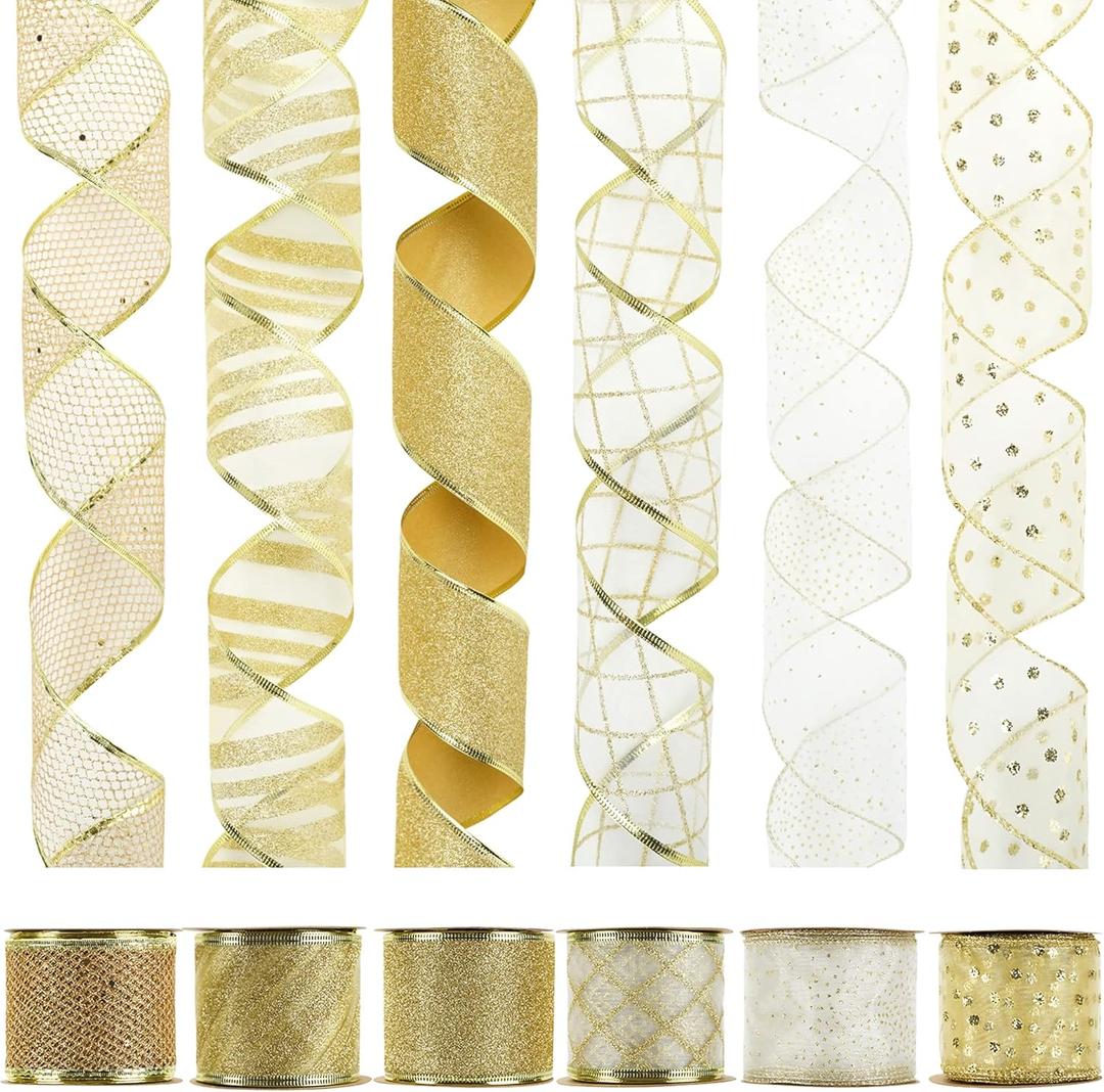 HUIHUANG Gold Christmas Ribbon - 2.5 inch Wide Gold Wire Edge Ribbons for Tree Decorations, Crafts, Gift Wrapping, Wreath, Garland, Bows - 6 Rolls x 6 Yards