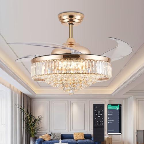 Fandelier Ceiling Fans with Lights and Remote Control Crystal Chandelier Ceiling Fan for Bedroom Living Room, LED Dimmable, 6 Speeds, Reversible DC Motor,Gold