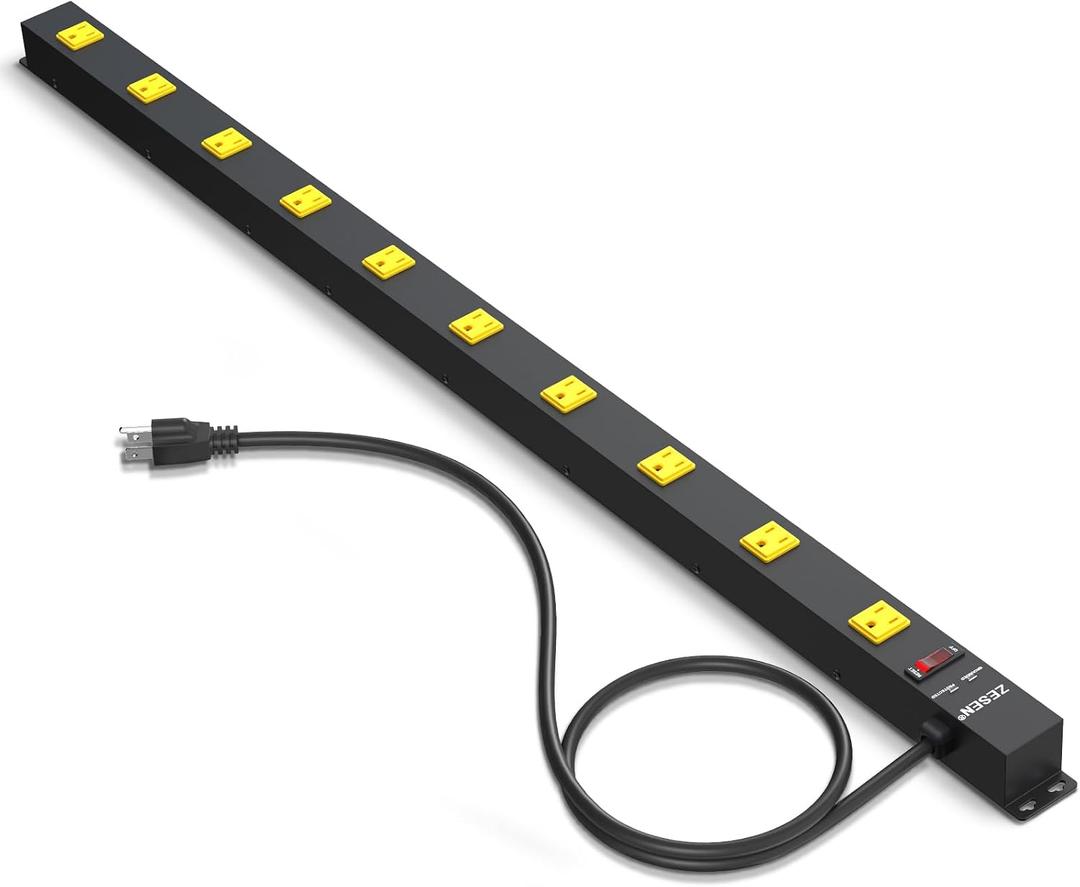 ZESEN 10 Outlet Long Power Strip, Wide Spaced Outlet Power Bar, Heavy Duty Metal Power Strip with 4FT Cord for Work Bench, Garage, Shop, Overload Protection Switch, ETL Listed (15A/1875W), Black