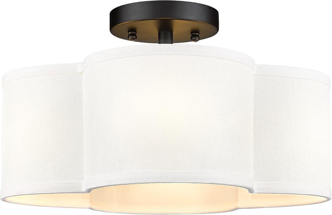 Black Semi Flush Mount Ceiling Light, Close to Ceiling Light Fixtures with Fabric Shade in Quatrefoil Shape, Farmhouse 13-inch Ceiling Light for Kitchen Hallway Bedroom, AD-22007-4SF-BK