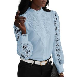 Rooscier Women's Lace Elegant Dressy Blouse Mock Neck Long Sleeve Button Down Work Business Crochet Shirt Top (Brown)