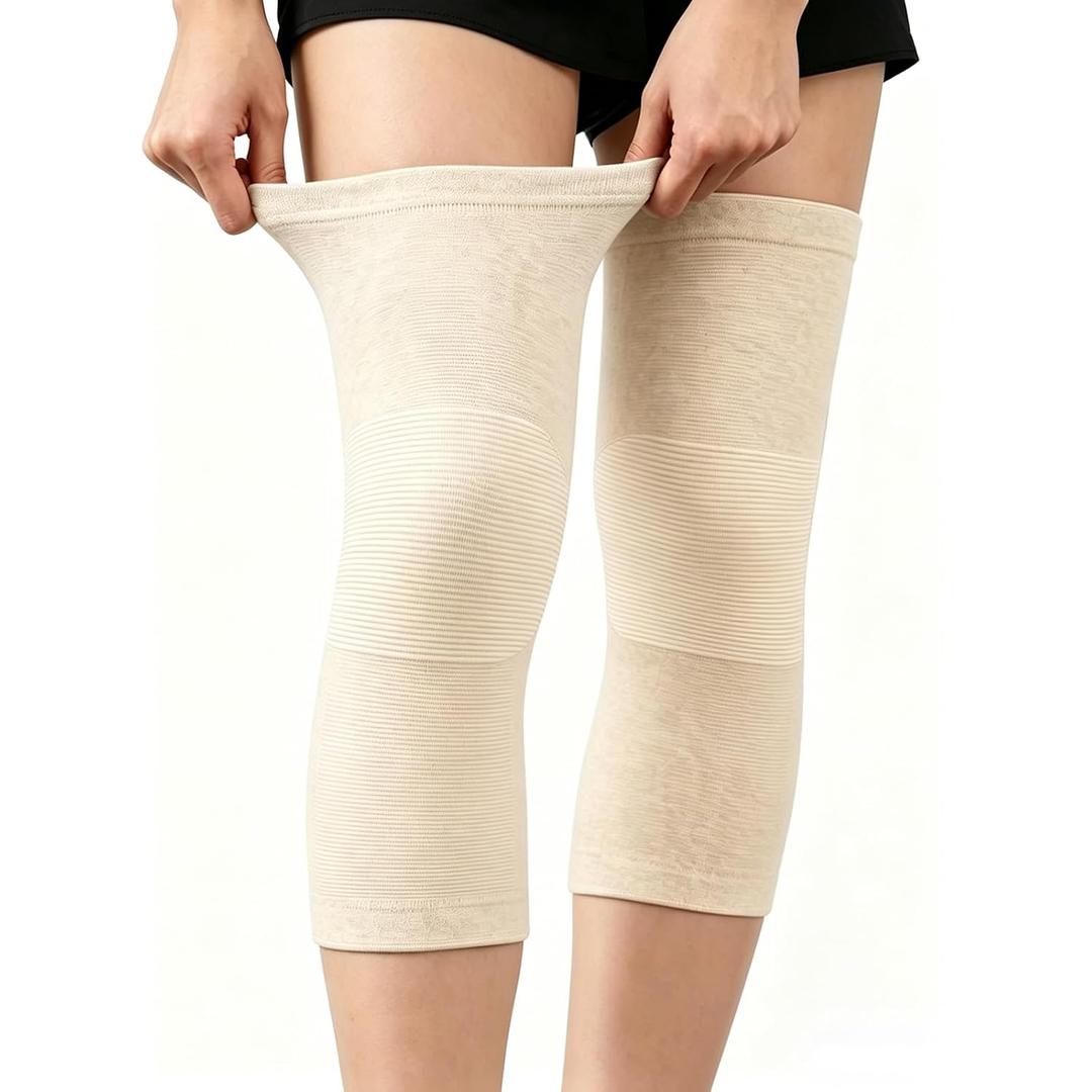 One Compress Knee Sleeves, Knee Brace for Women Men Knee Pain, Elastic Compression Leg Sleeves for Arthritis, Ideal for Running, Hiking, and Daily Wear (Beige, M)