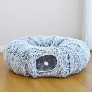 Plush Cat Tunnel Bed for Indoor Cats with Soft Cushion, Multi-Shape Play Cave with Hanging Balls, Large and Foldable Cat Donut Tunnel for Small and Large Pets (Grey)