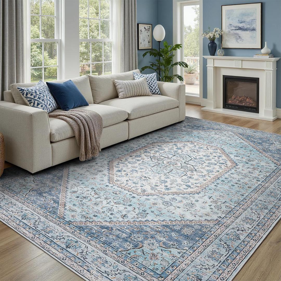DCX Machine Washable Blue Rugs for Living Room 9x12, Non Slip Stain Resistant Vintage Floral Rug for Bedroom Nursery, Soft Low Pile Large Carpet