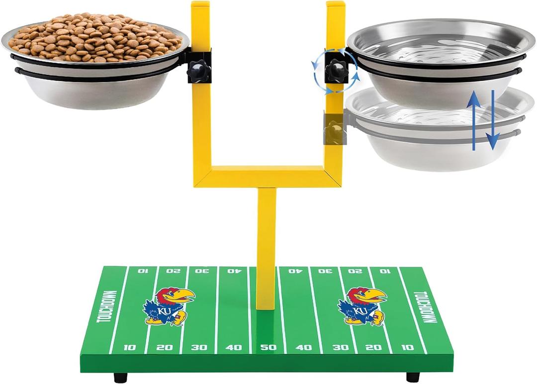 NCAA Kansas Jayhawks Goalpost Football Field Dog Feeder  Adjustable Elevated Dog Bowls with Stand, 2 Stainless Steel Bowls, Non-Slip Rubber Feet, Raised Pet Feeder for Large & Small Dogs